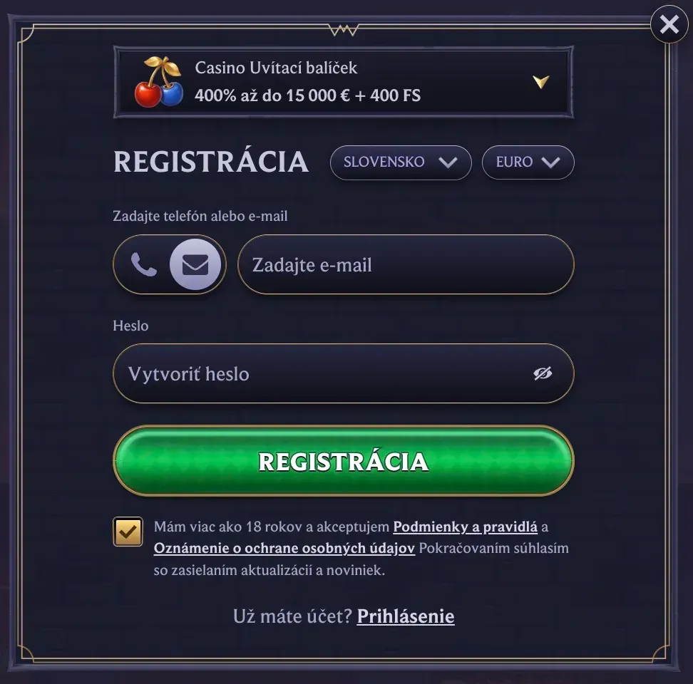 Registračný formulár v Lolajack casino